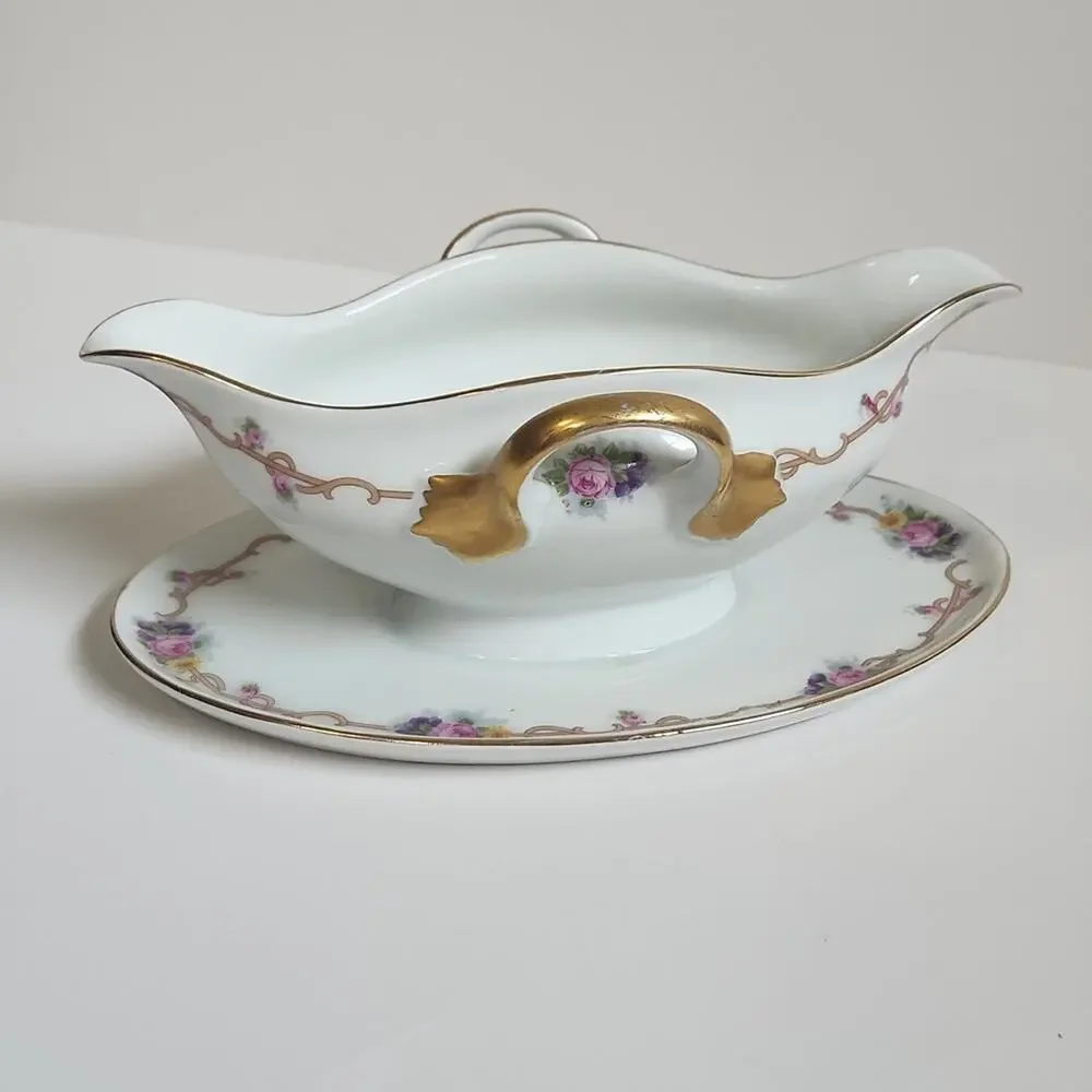 Vintage Royal Crafton‎ Gravy Bowl With Attached Plate Floral Gold Trim